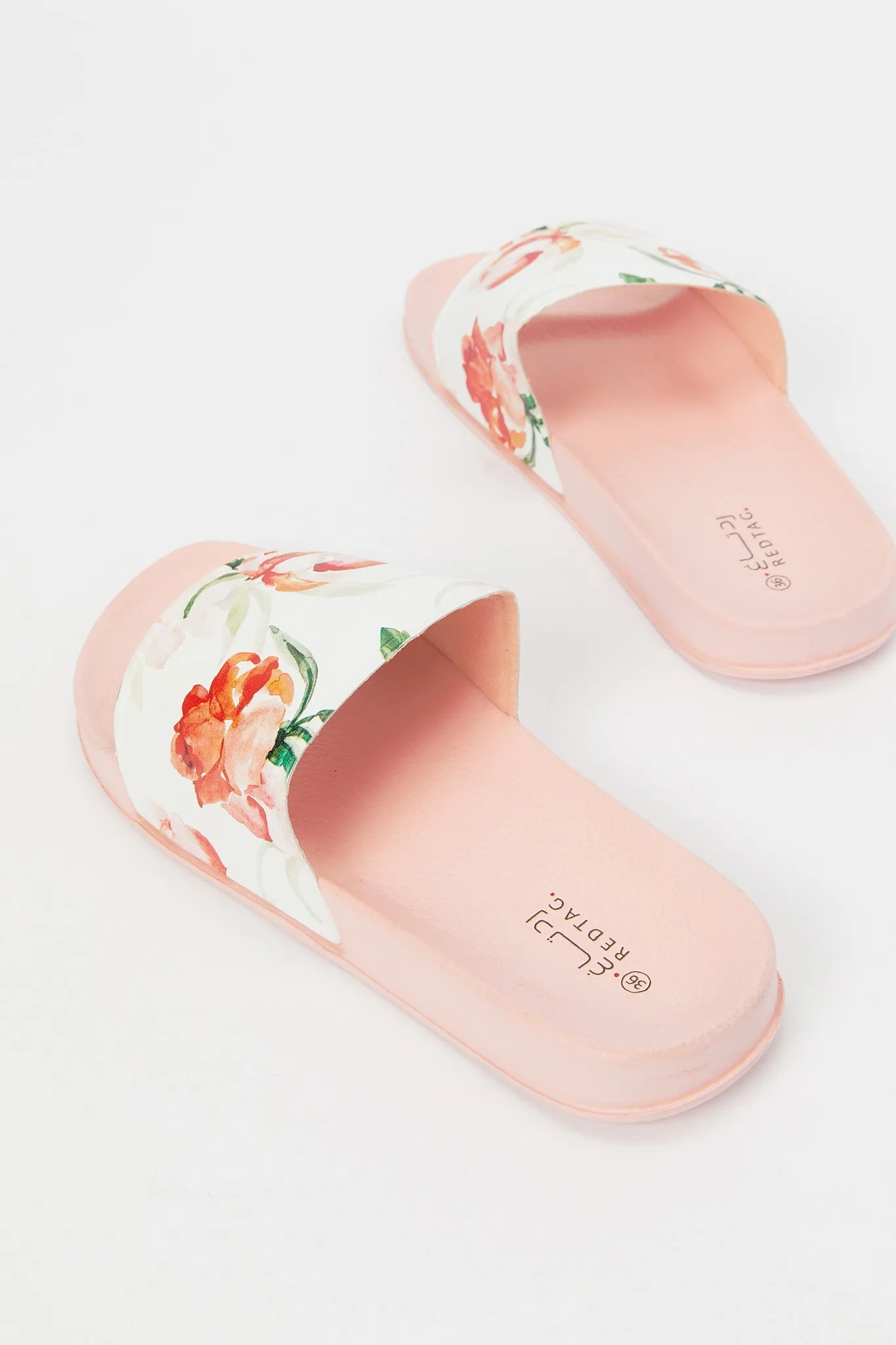 Women White And Pink Floral Print Slide