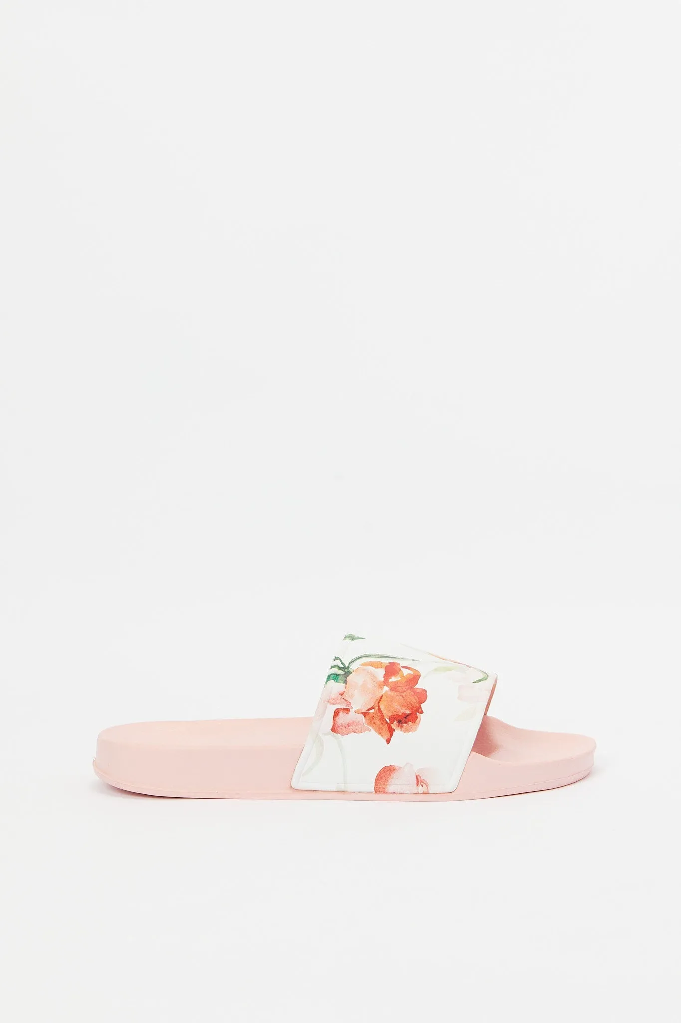 Women White And Pink Floral Print Slide