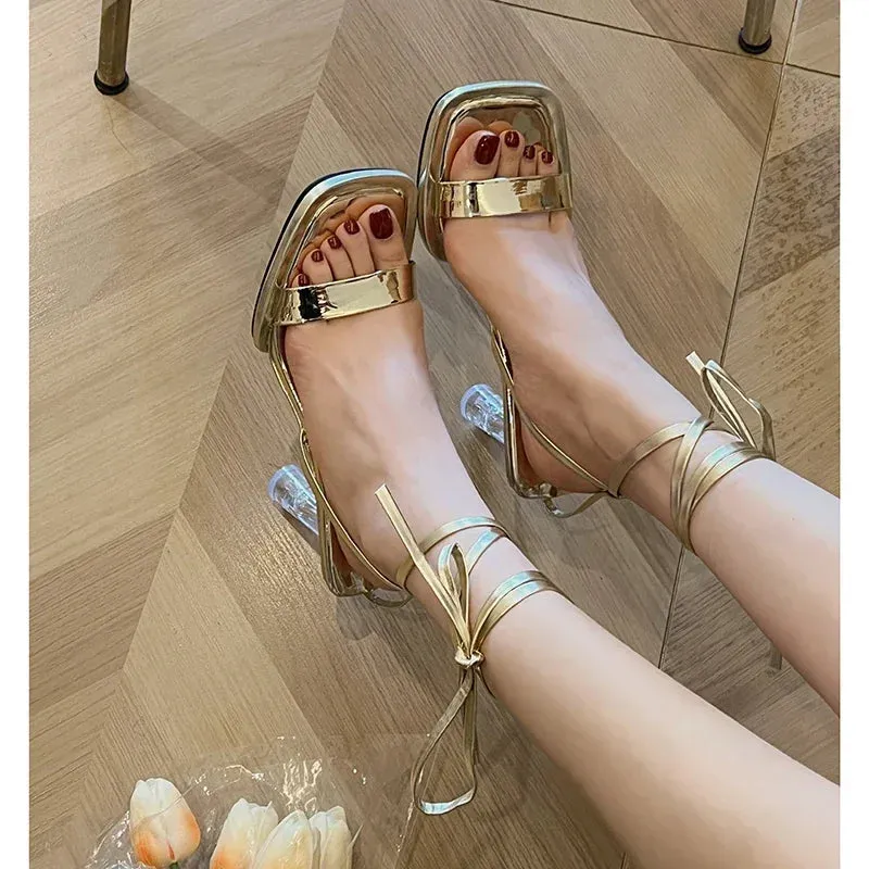 Women's Shoes With Straps Roman Style 2024 Beige High Heels Navy Blue Pumps Sandals Ladies Buckle Low Crystal Latest  Summer