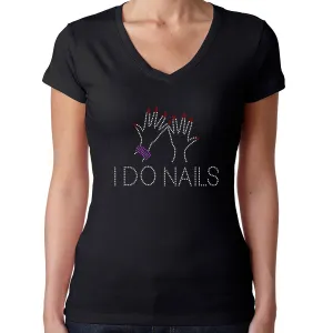 Womens T-Shirt Rhinestone Bling Black Fitted Tee I Do Nails Spa Salon