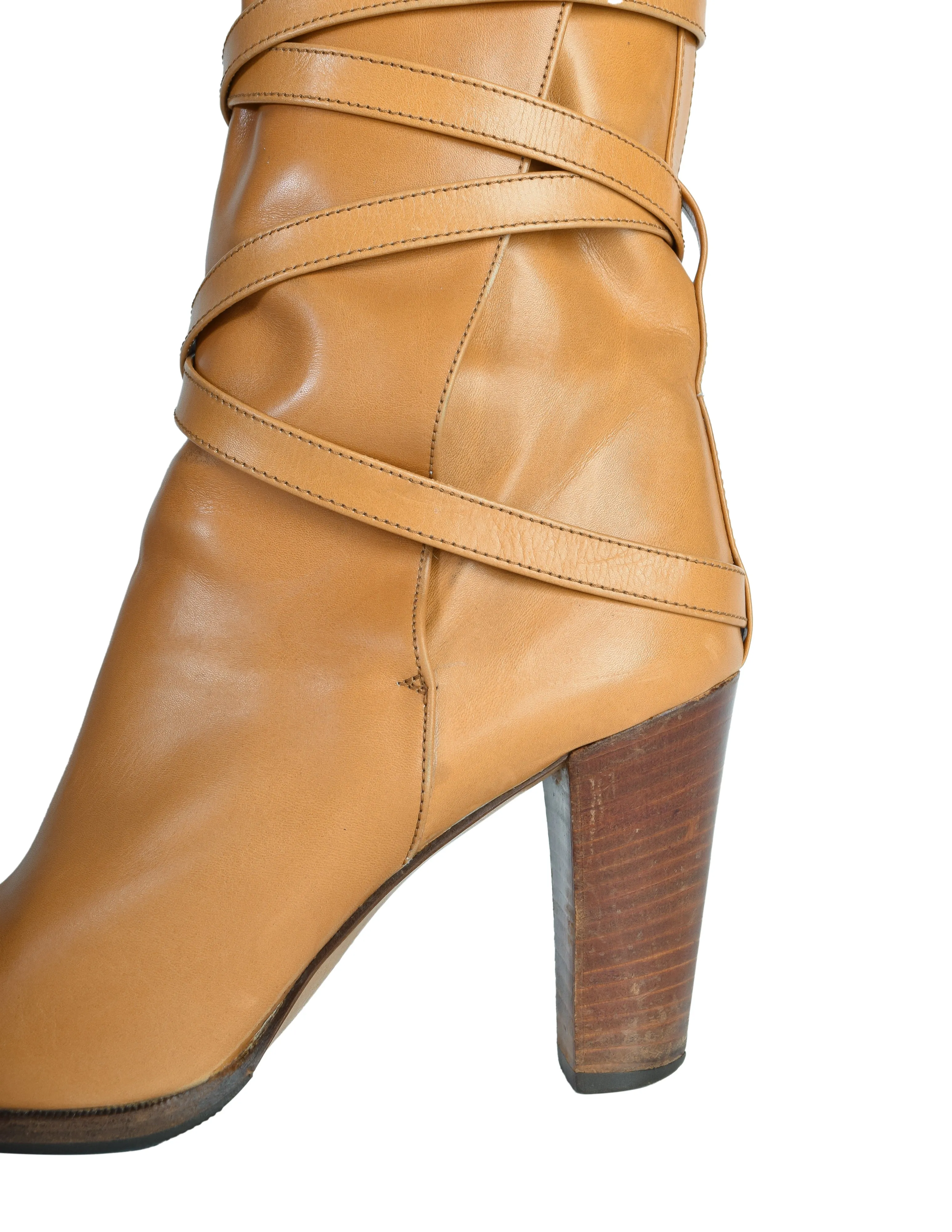 Yves Saint Laurent Vintage AW 1977 Tan Leather Wrap Buckle Strap Mid Calf Boots