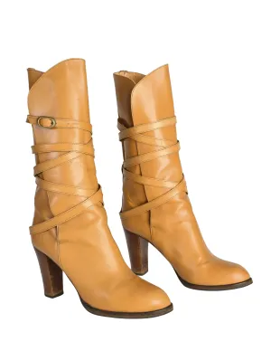 Yves Saint Laurent Vintage AW 1977 Tan Leather Wrap Buckle Strap Mid Calf Boots