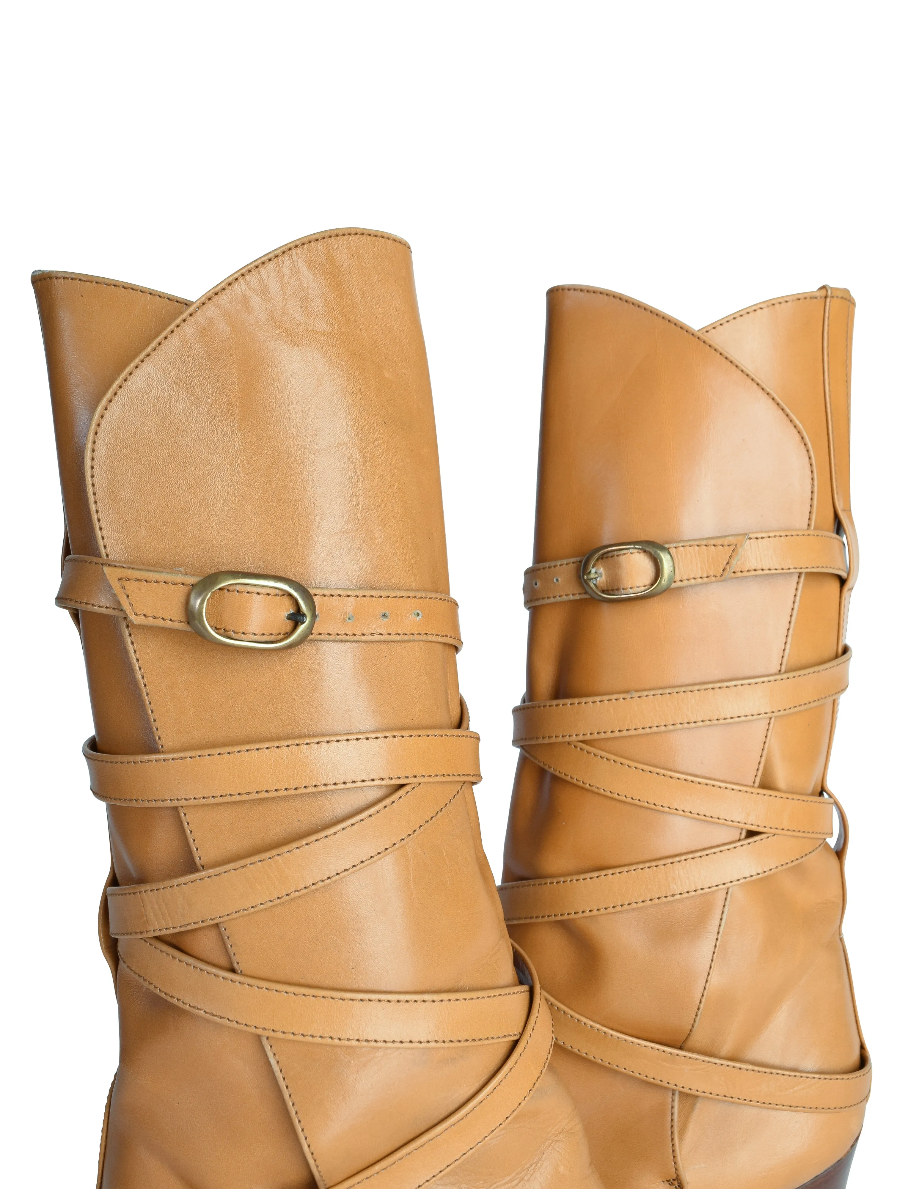 Yves Saint Laurent Vintage AW 1977 Tan Leather Wrap Buckle Strap Mid Calf Boots